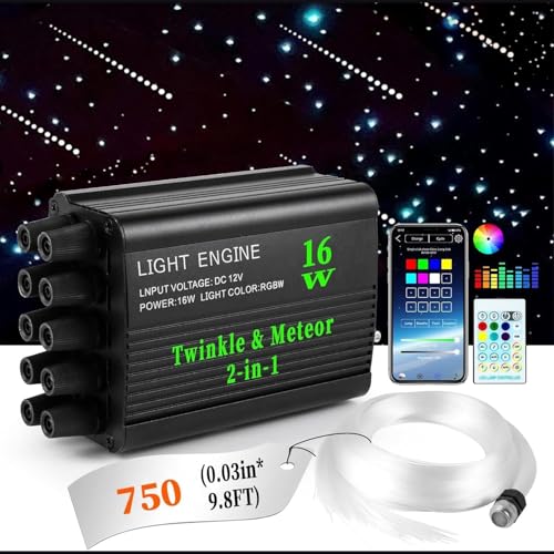 VASTFIRE Twinkle & Meteor Starlight Headliner Kit for Car 0.03in x 9.8ft 750 Strands for Ambient Interior Decor 16W RGBW Fiber Optic Star Light Engine, 200 White Shooting Stars - Image 2