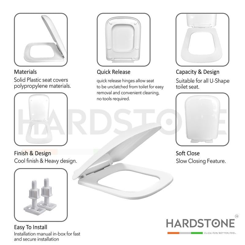 Hard Stone Plastic Toilet Seat Cover with Soft Closer Mechanism- Rectangular Commode Seat Cover – with Sleek Design & Easy Installation with Installation Kit (46cm x 35cm, White) - Image 3