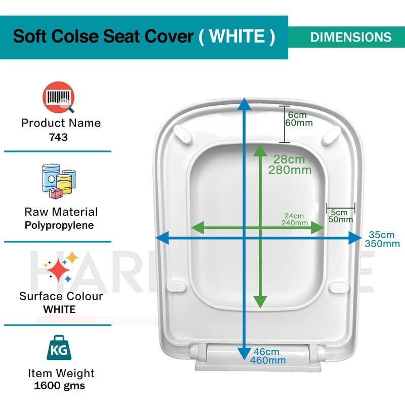 Hard Stone Plastic Toilet Seat Cover with Soft Closer Mechanism- Rectangular Commode Seat Cover – with Sleek Design & Easy Installation with Installation Kit (46cm x 35cm, White) - Image 5