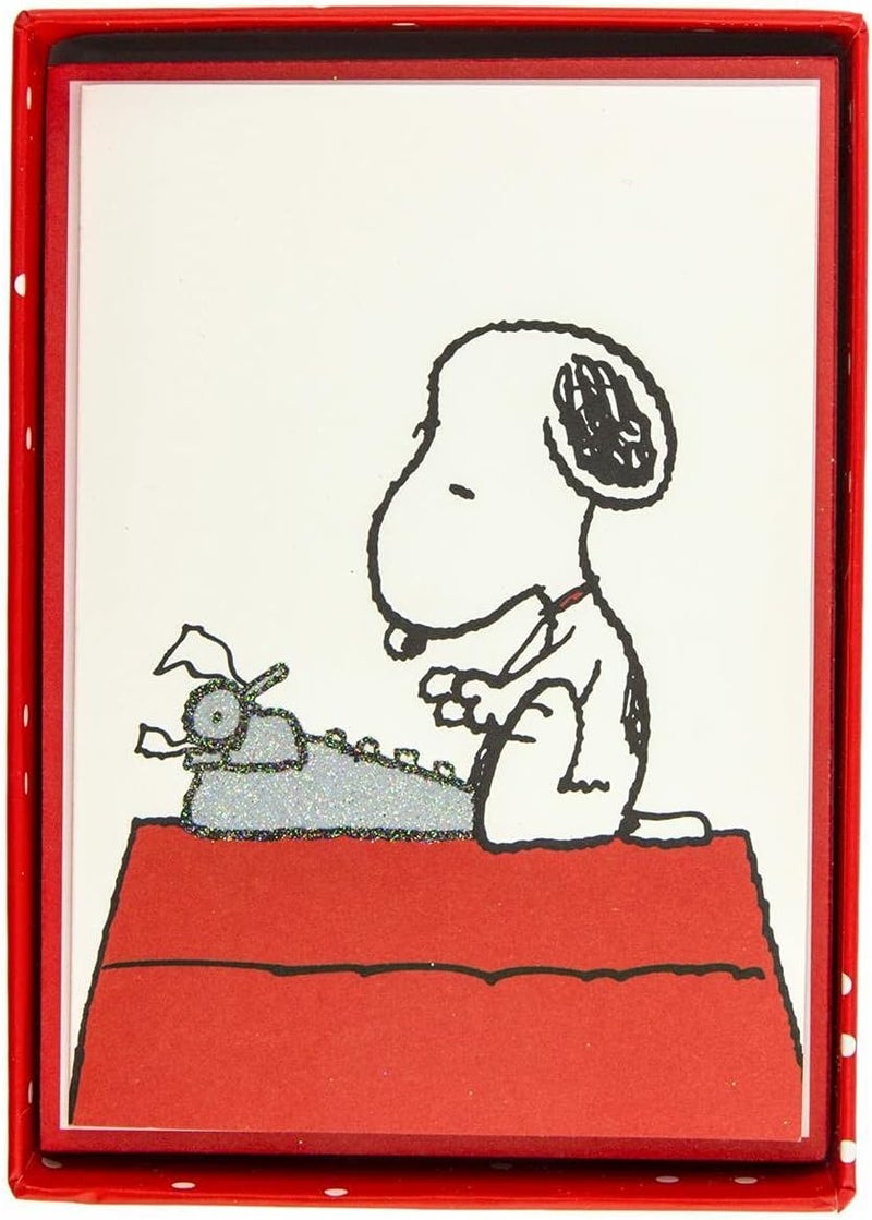 Graphique Peanuts Typewriter Boxed Notecards, 16 Snoopy at Typewriter Cards Embellished with Glitter, with Matching Envelopes and Storage Box, 3.25" x 4.75" - Image 1