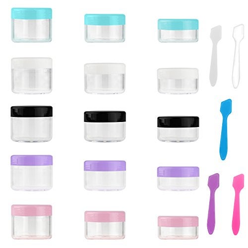 Accmor 15 Pieces Empty Clear Plastic Sample Containers with Lids 1015 20 Gram Size Cosmetic Pots Jars with 5 Pieces Mini Spatulas
