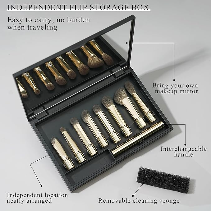 BEILI Travel Eye Makeup Brushes Set 8pcs Removable Double Sided Makeup Brush with Mirror Box Removal Cleaner Sponge Gold - Image 3
