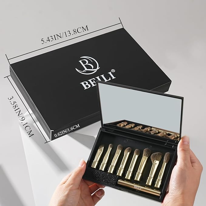 BEILI Travel Eye Makeup Brushes Set 8pcs Removable Double Sided Makeup Brush with Mirror Box Removal Cleaner Sponge Gold - Image 2