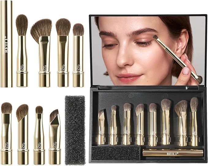 BEILI Travel Eye Makeup Brushes Set 8pcs Removable Double Sided Makeup Brush with Mirror Box Removal Cleaner Sponge Gold - Image 1