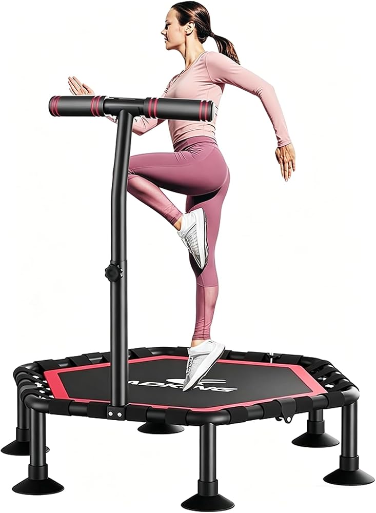 BOOMBOOMBOOM BOOM Indoor Trampoline, 45 Inch Portable Folding Hexagonal Fitness Rebounder, T Shape Adjustable Foam Handle Exercise Rebounder, Exercise Trampoline Body Exercise and Fitness, for Adults and Kids - Image 1