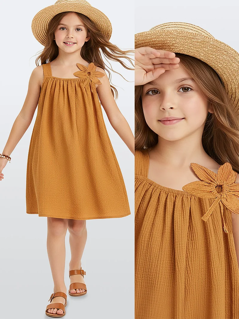 دينوكيدس فستان بناتي بنقشة زهور ثلاثية الأبعاد باللون الخردلي للربيع والصيف