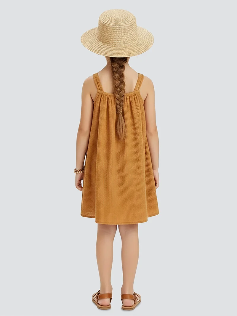 دينوكيدس فستان بناتي بنقشة زهور ثلاثية الأبعاد باللون الخردلي للربيع والصيف