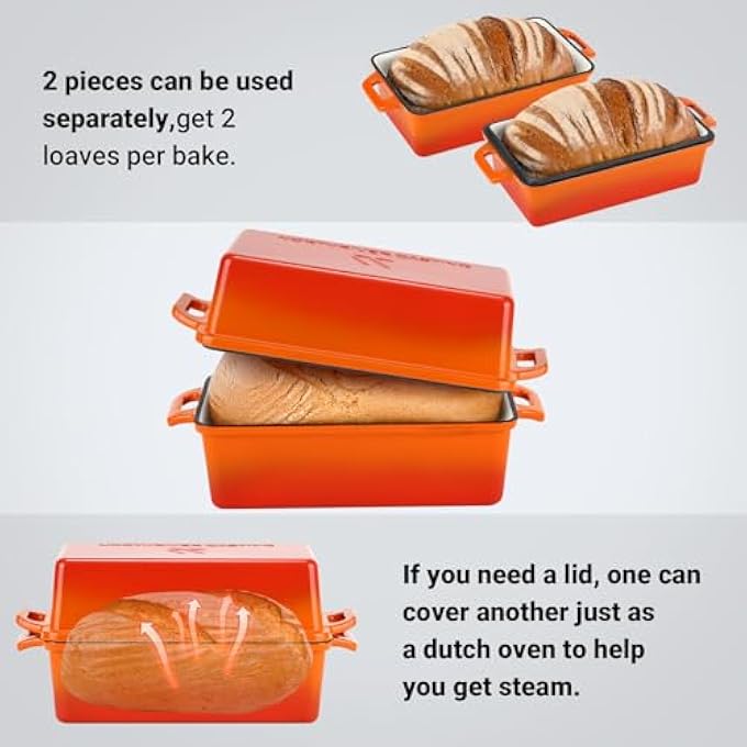 Northriver Casting 2 in 1 Enameled Cast Iron Bread Pan with Lid Best Bread Oven Loaf Pans for Baking Homemade Sourdough 9x5 2 Piece set Flame - Image 2