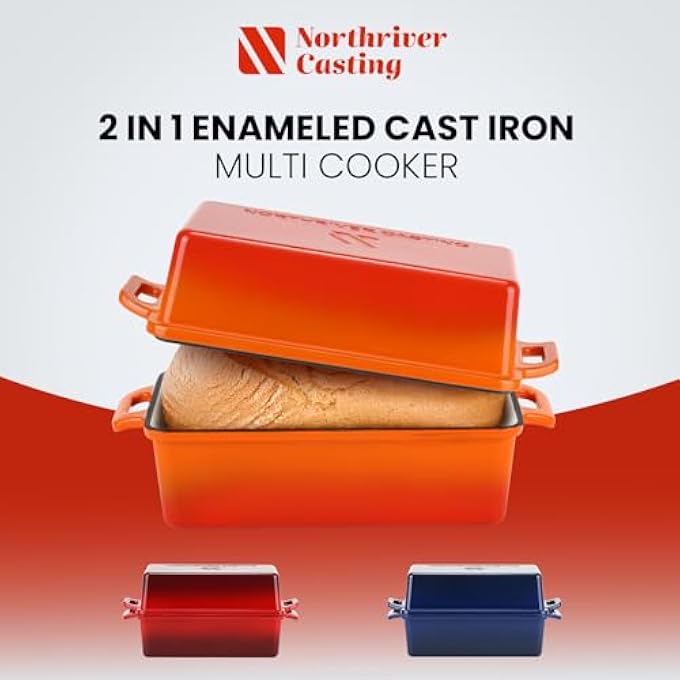 Northriver Casting 2 in 1 Enameled Cast Iron Bread Pan with Lid Best Bread Oven Loaf Pans for Baking Homemade Sourdough 9x5 2 Piece set Flame - Image 4