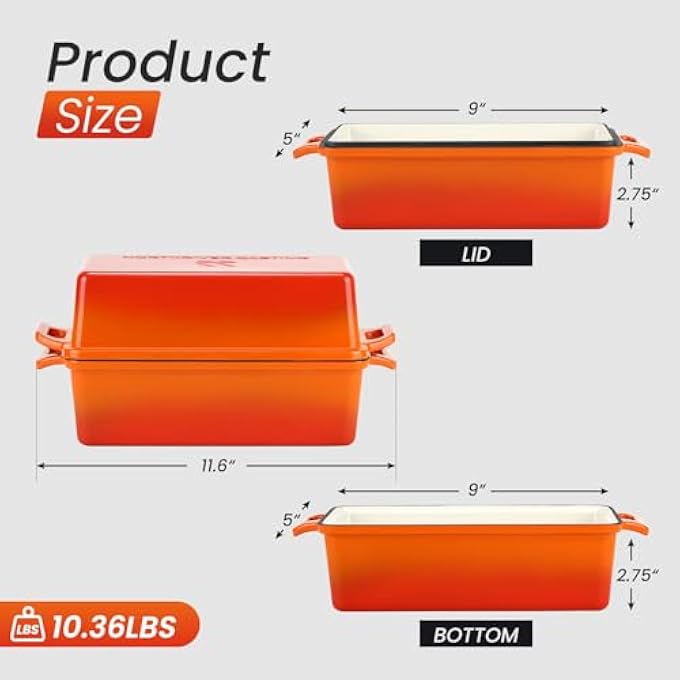Northriver Casting 2 in 1 Enameled Cast Iron Bread Pan with Lid Best Bread Oven Loaf Pans for Baking Homemade Sourdough 9x5 2 Piece set Flame - Image 3
