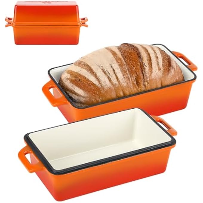 Northriver Casting 2 in 1 Enameled Cast Iron Bread Pan with Lid Best Bread Oven Loaf Pans for Baking Homemade Sourdough 9x5 2 Piece set Flame - Image 1