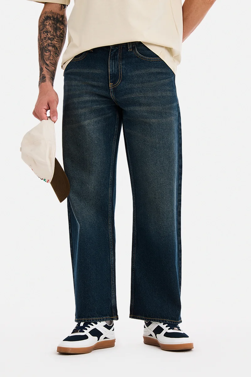 SNITCH Blue Solid Loose Fit Jeans