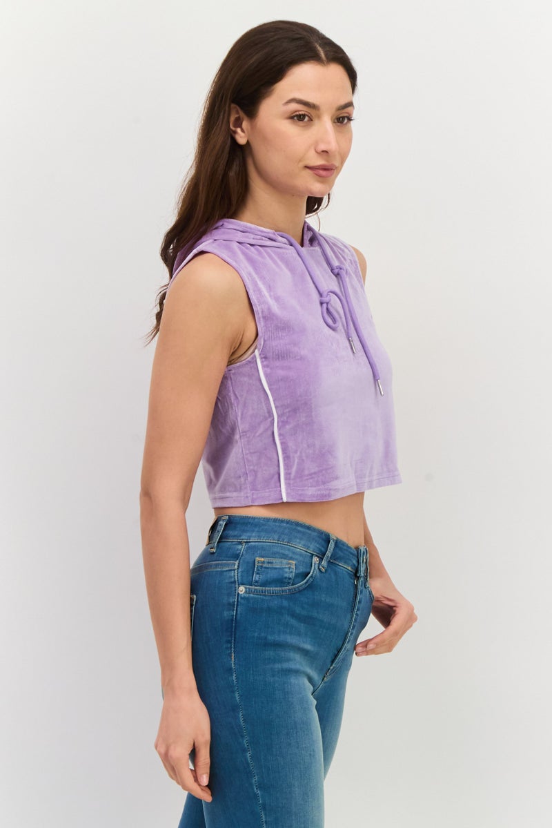Daisy Street Women Hood With Drawstring Neckline Sleeveless Plain Top, Purple - Image 2