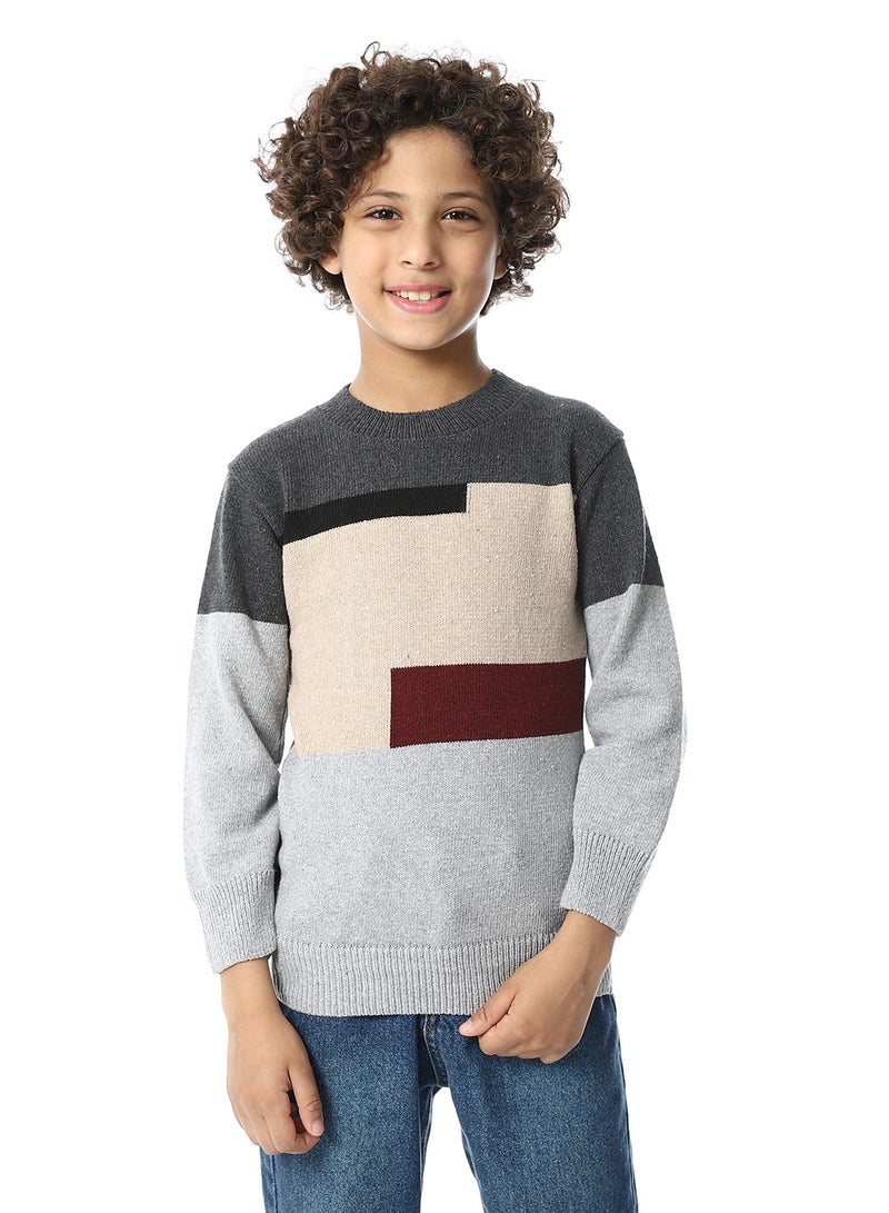 Andora Crew Neck Slip On Boys Pullover_Grey, Beige & Black - Image 1
