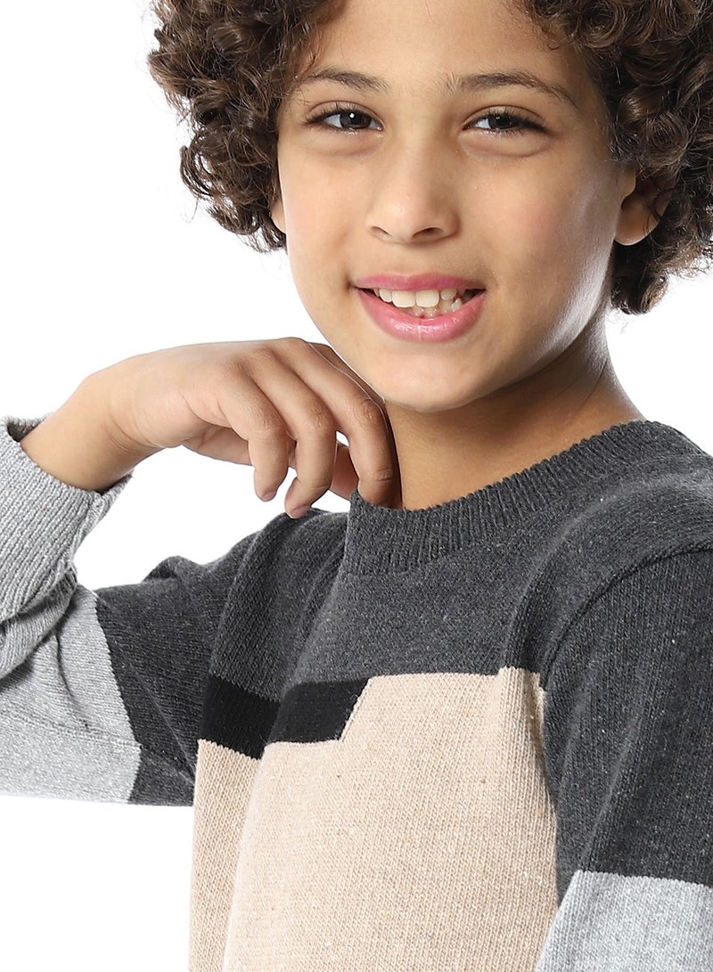 Andora Crew Neck Slip On Boys Pullover_Grey, Beige & Black - Image 4