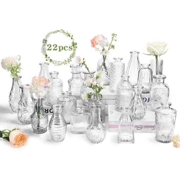 22 PACK BUD VASE IN BULK CLEAR FLOWER VASES FOR WEDDING DECORATIONS GLASS VASE FOR CENTERPIECE TABLE DECORATIONS SMALL BOHO VASE FOR HOME WEDDING DECOR MOTHERS DAY PARTY OFFICE