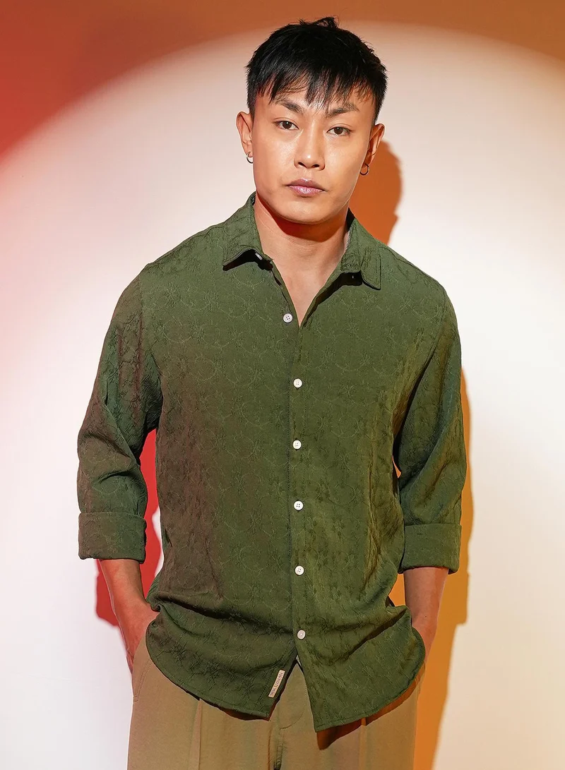 Men's Forest Green Floral-Textured Shirt