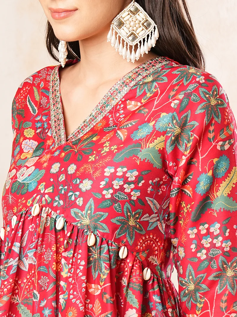 globus Women Red Printed Alia-Cut Tunic & Straight Pant Co-Ord Set