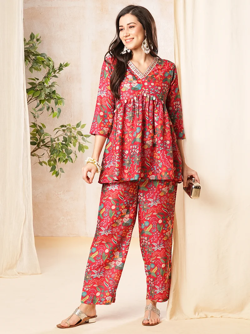 globus Women Red Printed Alia-Cut Tunic & Straight Pant Co-Ord Set
