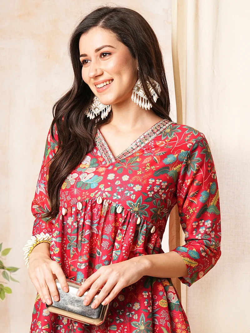 globus Women Red Printed Alia-Cut Tunic & Straight Pant Co-Ord Set
