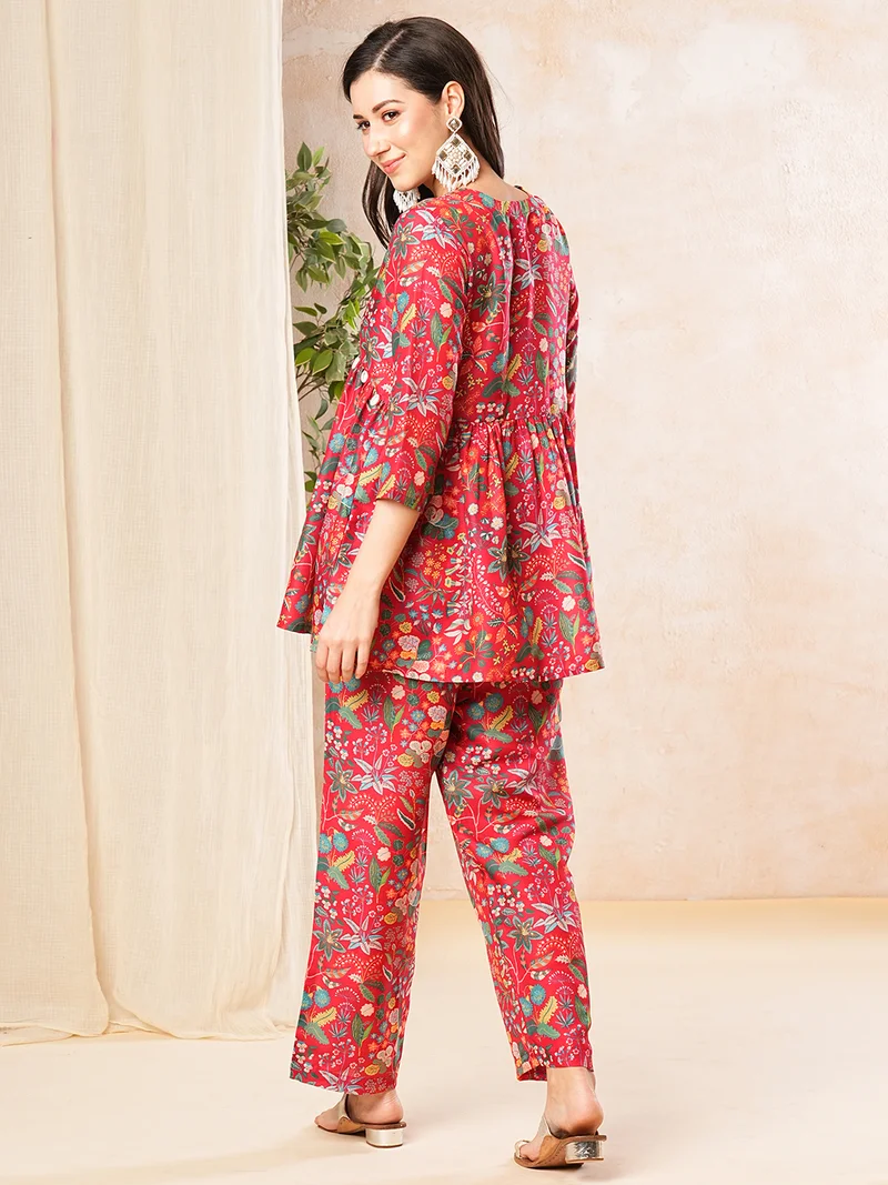 globus Women Red Printed Alia-Cut Tunic & Straight Pant Co-Ord Set