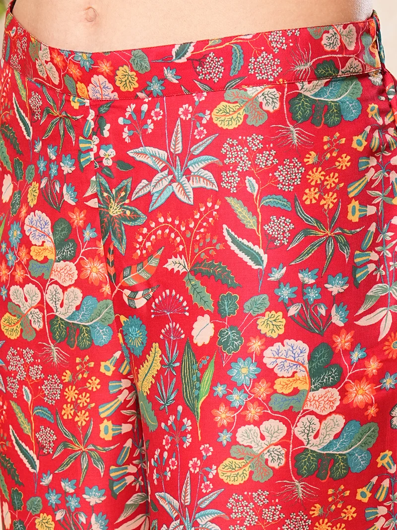 globus Women Red Printed Alia-Cut Tunic & Straight Pant Co-Ord Set