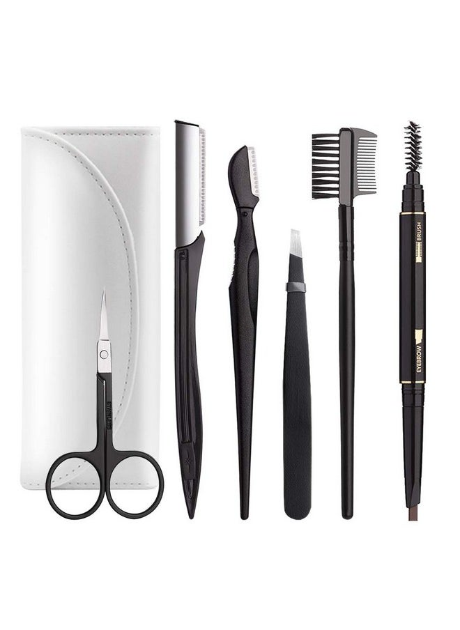Boyi - Eyebrow Kit Boyi 6 In 1 Tweezers For Eyebrows Allinone Eyebrow Grooming Set Dermaplaning Tool Eyebrow Razor Brush Scissors Brown Eyebrow Pencil With Leather Pouch (Cwhite) - Image 1