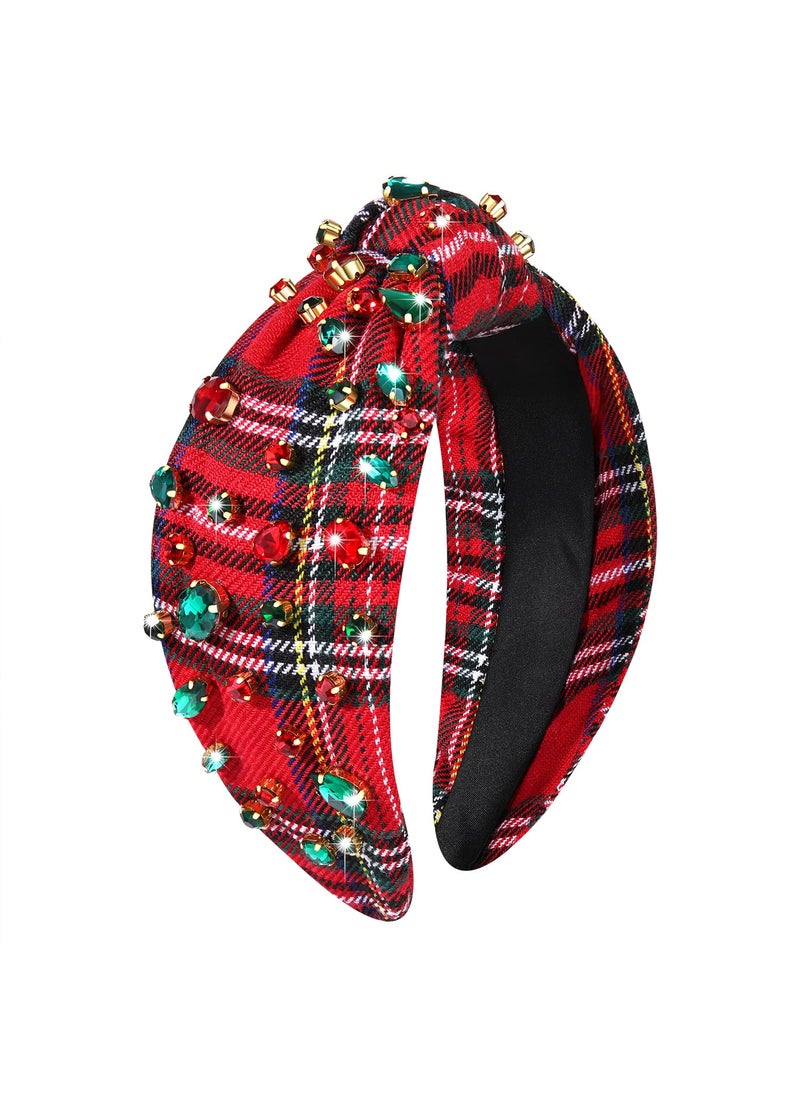 HZEYN - Christmas Headbands for Women Red Plaid Headband Crystal Jeweled Knotted Headband Christmas Holiday Party Hair Accessories Gifts RedPlaid - Image 1