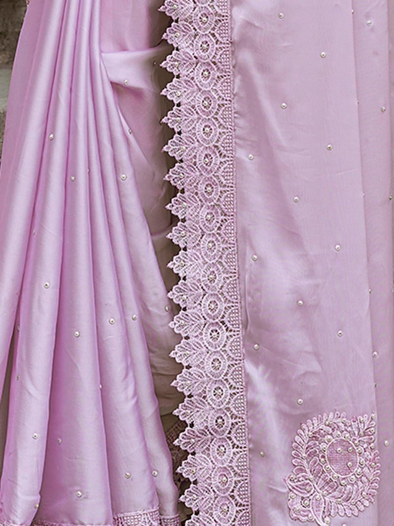 Satrani Women's Stone Work Embellished Georgette Saree with Unstitched Blouse Piece (3751S371N_Light Purple) - Image 5