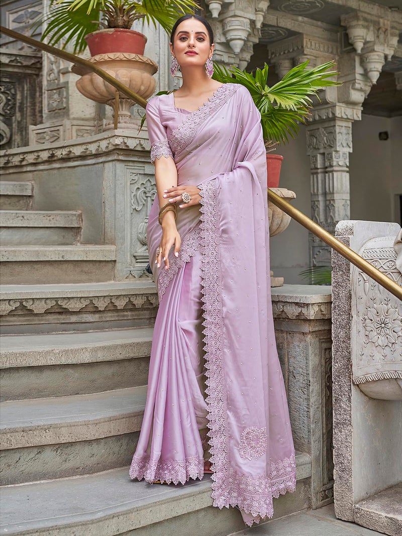 Satrani Women's Stone Work Embellished Georgette Saree with Unstitched Blouse Piece (3751S371N_Light Purple) - Image 3
