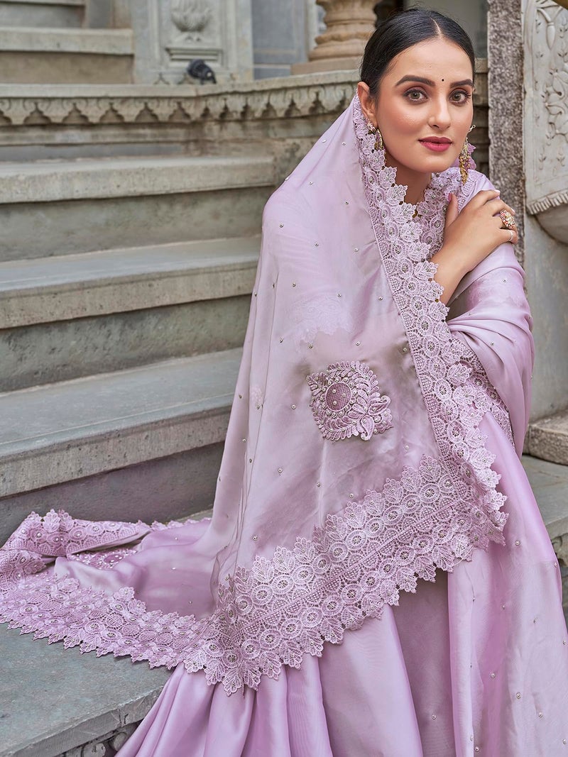Satrani Women's Stone Work Embellished Georgette Saree with Unstitched Blouse Piece (3751S371N_Light Purple) - Image 4