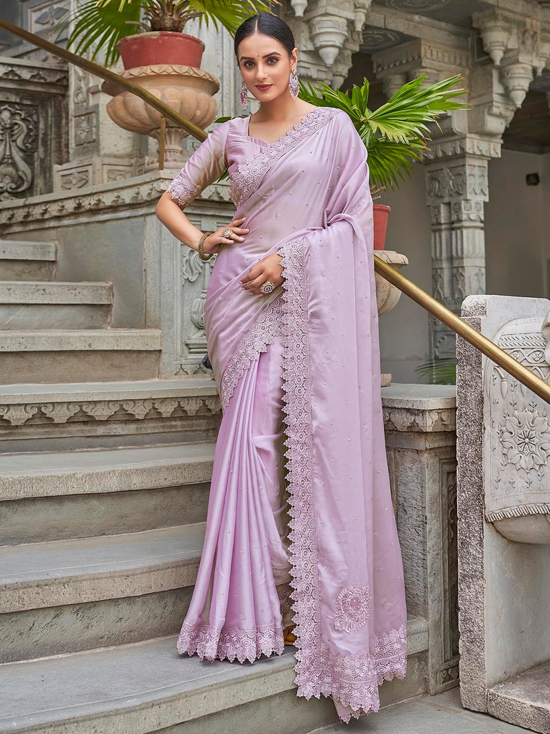 Satrani Women's Stone Work Embellished Georgette Saree with Unstitched Blouse Piece (3751S371N_Light Purple) - Image 2