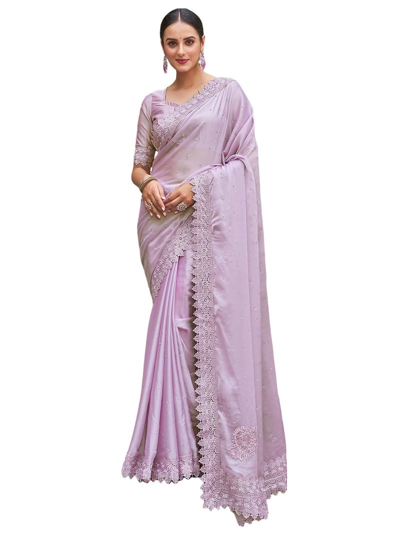 Satrani Women's Stone Work Embellished Georgette Saree with Unstitched Blouse Piece (3751S371N_Light Purple) - Image 1