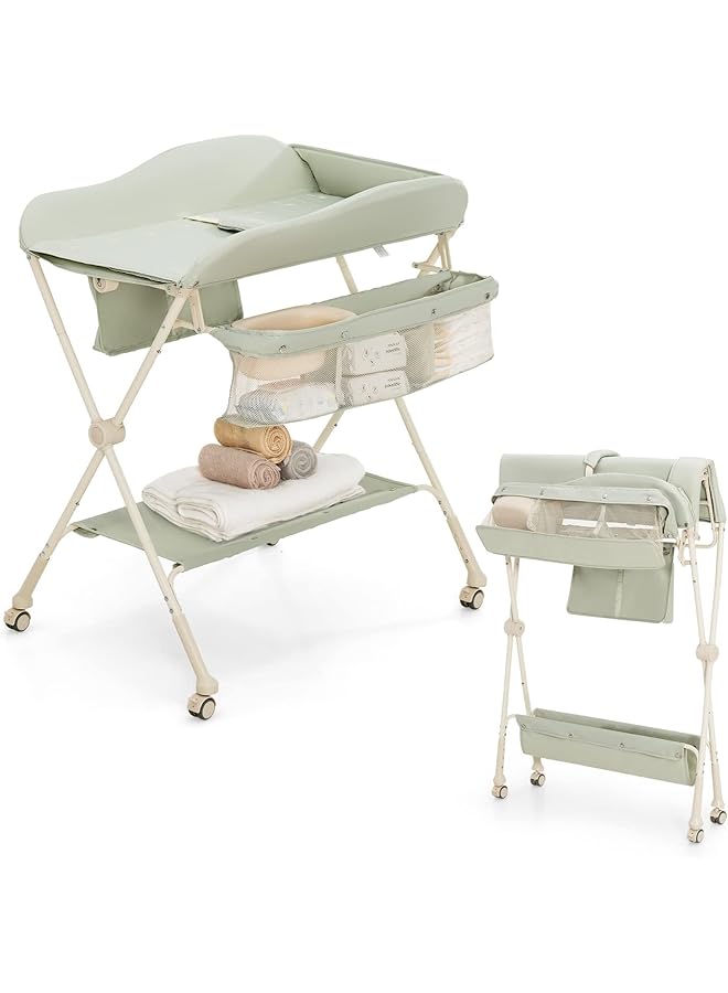 DMG TECH Baby Changing Table Folding Baby Diaper Changing Tables Adjustable Infant Care Station With Water Basin Storage Shelf 4 Wheels Newborn Massage Tables Diaper Organizer (Green) - Image 1