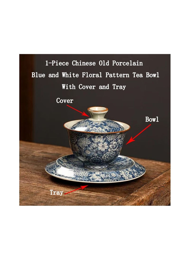 1-Piece Chinese Old Porcelain Blue and White Floral Pattern Tea Bowl,Chinese Tea Bowl with Cover and Tray,Chinese Traditional Handicraft Ceramic Tea Cup - Image 1