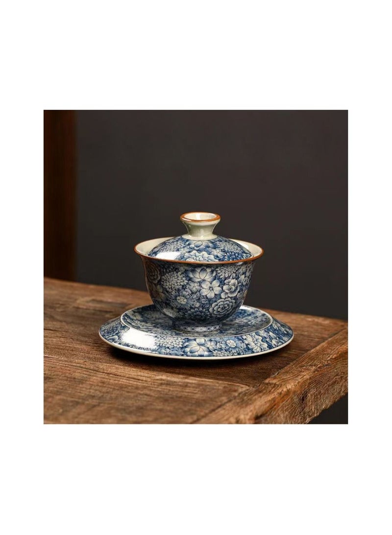 1-Piece Chinese Old Porcelain Blue and White Floral Pattern Tea Bowl,Chinese Tea Bowl with Cover and Tray,Chinese Traditional Handicraft Ceramic Tea Cup - Image 5