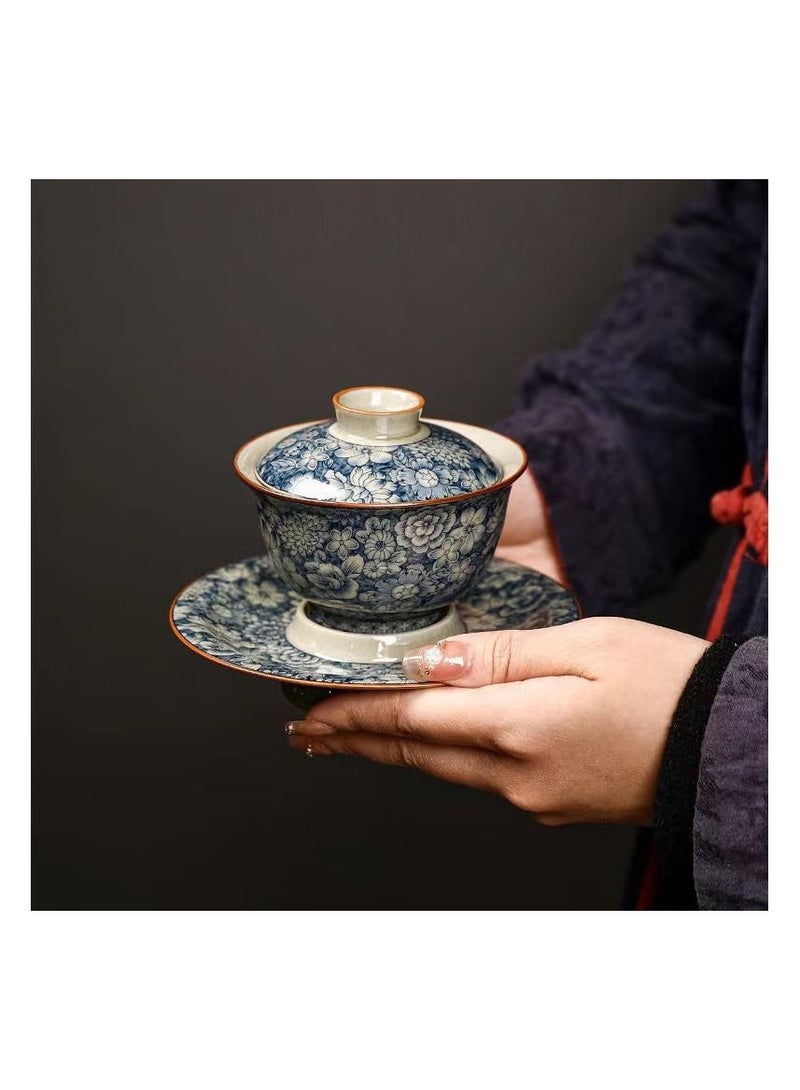 1-Piece Chinese Old Porcelain Blue and White Floral Pattern Tea Bowl,Chinese Tea Bowl with Cover and Tray,Chinese Traditional Handicraft Ceramic Tea Cup - Image 4