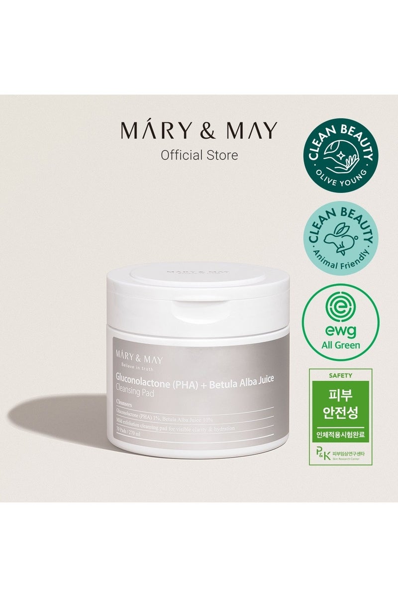MARY & MAY Máry & May Gluconolactone (PHA) + Betula Alba Juice Cleansing Pad - Exfoliating Pads for All Skin Types 70units - Image 2