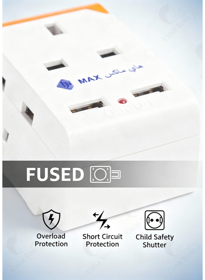 Hi Max 5 In 1 UK Plug Travel Wall Adapter Type G with 3 AC Sockets & Dual USB (2.1A) | 13A 250V 3000W | Best for Home, Office & Travel Use - Image 3