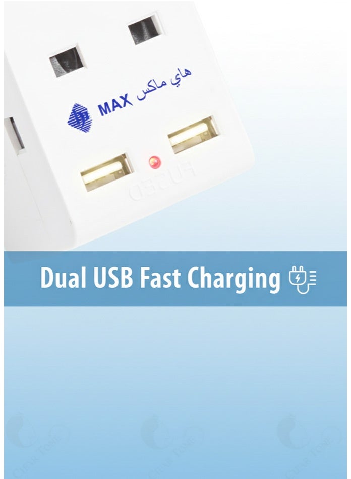 Hi Max 5 In 1 UK Plug Travel Wall Adapter Type G with 3 AC Sockets & Dual USB (2.1A) | 13A 250V 3000W | Best for Home, Office & Travel Use - Image 4