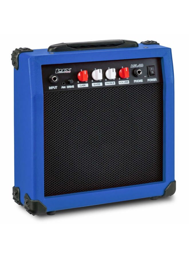 LyxPro Electric Guitar Amp 20 Watt Amplifier Built in Speaker Headphone Jack and Aux Input Includes Gain Bass Treble Volume and Grind - Blue - Image 5