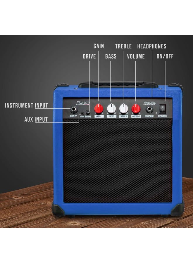 LyxPro Electric Guitar Amp 20 Watt Amplifier Built in Speaker Headphone Jack and Aux Input Includes Gain Bass Treble Volume and Grind - Blue - Image 2
