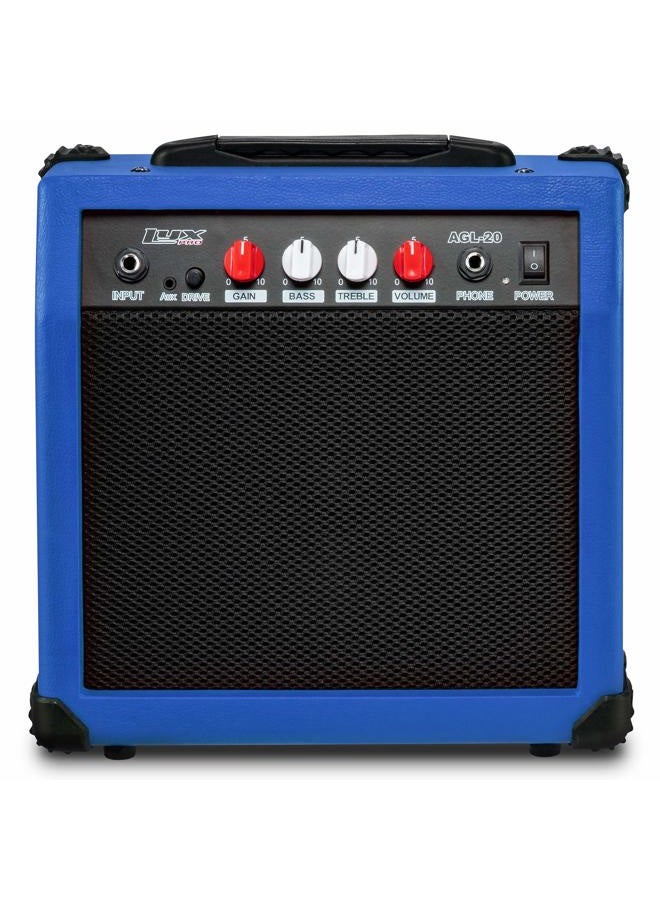LyxPro Electric Guitar Amp 20 Watt Amplifier Built in Speaker Headphone Jack and Aux Input Includes Gain Bass Treble Volume and Grind - Blue - Image 1
