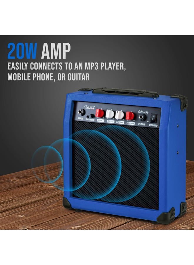 LyxPro Electric Guitar Amp 20 Watt Amplifier Built in Speaker Headphone Jack and Aux Input Includes Gain Bass Treble Volume and Grind - Blue - Image 3