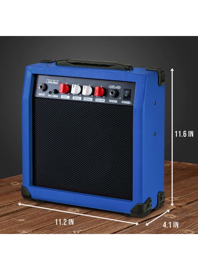 LyxPro Electric Guitar Amp 20 Watt Amplifier Built in Speaker Headphone Jack and Aux Input Includes Gain Bass Treble Volume and Grind - Blue - Image 4