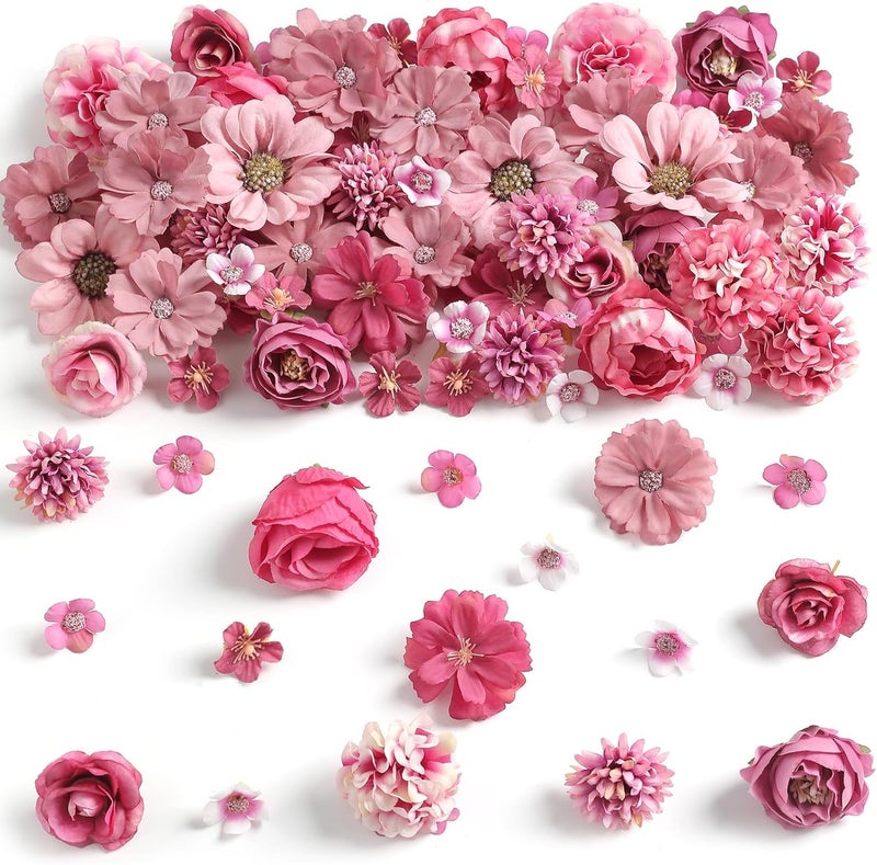 50Pcs Faux Flower Heads Mini Rose Red Artificial Flower Heads Fake Peony Daisy Rose Flowers Multicolor Small Silk Daisy Flower Heads for Craft Garland Wedding Party DIY Home Decoration (Rose Pink) - Image 1