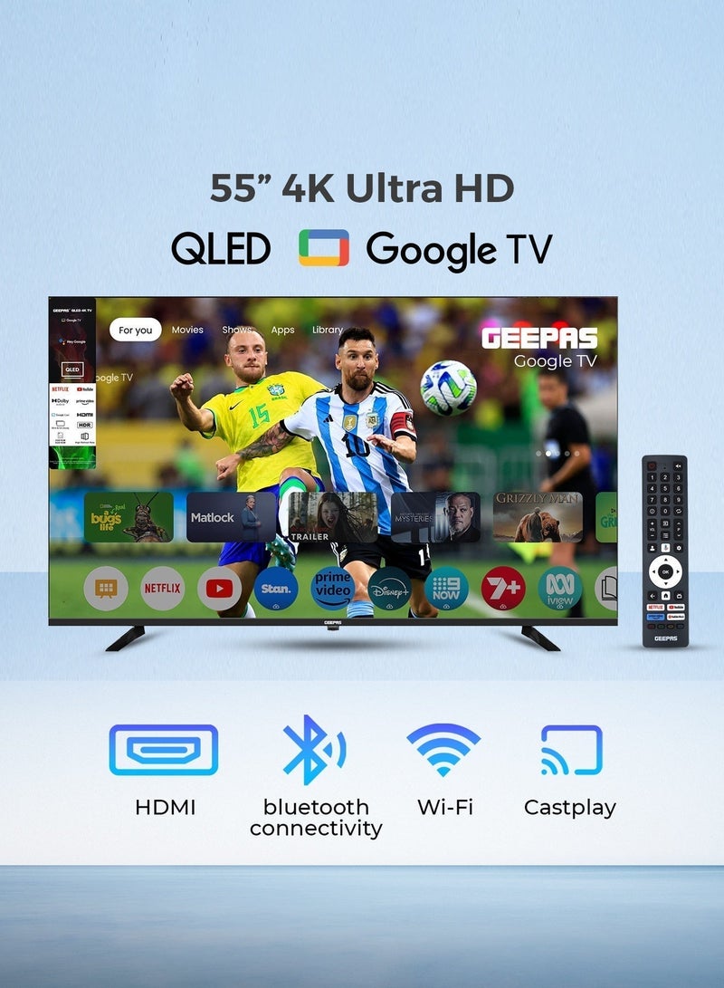 GEEPAS 55" 4K Ultra HD QLED Google TV | Sharp Picture with Sleek Design, with Built-in Apps | Dolby Audio, HDMI & USB Connectivity | Voice Remote with Google Cast | GLED5505GTQLD - Image 1