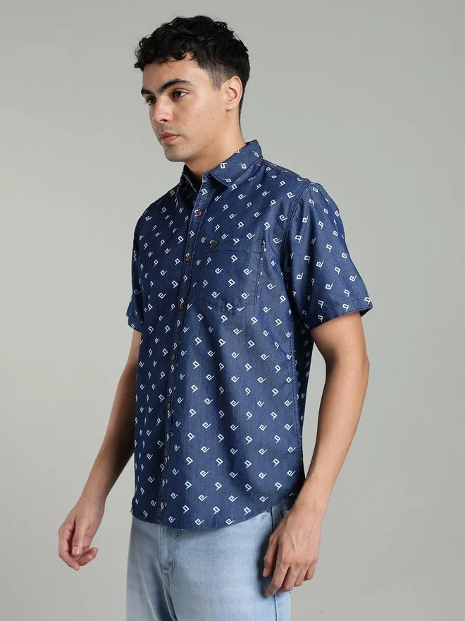 Kuons Avenue  Men Blue Geometric Print Denim Shirt for Men | Best Price UAE