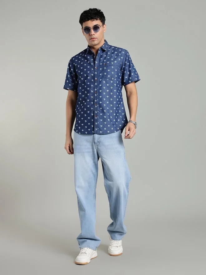 Kuons Avenue  Men Blue Geometric Print Denim Shirt for Men | Best Price UAE