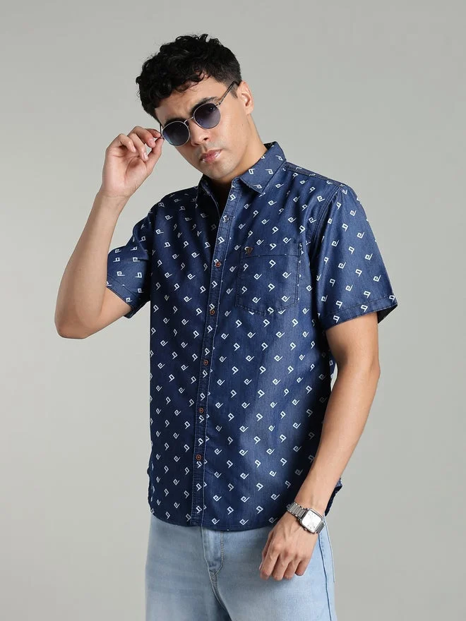 Kuons Avenue  Men Blue Geometric Print Denim Shirt for Men | Best Price UAE
